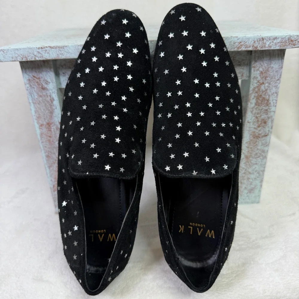 Walk London Loafers Mens 8 Black Suede Silver Star Print Slip On Dress Shoes